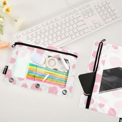 2 Pack 3 Ring Binder Pencil Pouch Pink Cow Pencil Case Pencil Bags with Zipper, Clear PVC Binder Pockets for Office Daily Supplies - color: Color 18