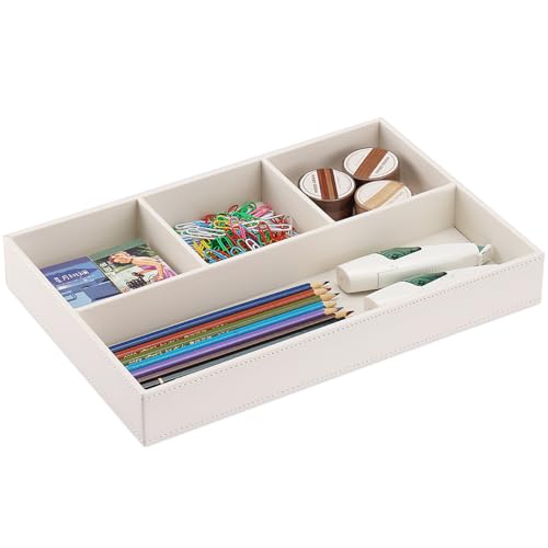 KINGFOM PU Leather Desk Drawer Organizer, 4 Compartment Office Supplies Stationery Storage Tray, Desk Organizers and Accessories Drawer Organizer Tray for Home, Makeup, Jewelry Stackable White - color: White