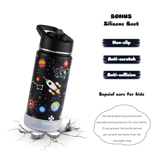16 oz Stainless Steel Insulated Kids Water Bottle, Leak Proof Metal Thermal Flask with Straw lid, Cute Toddler Tumbler Cup for School Girls & Boys (Black, Space) - color: Black, Space
