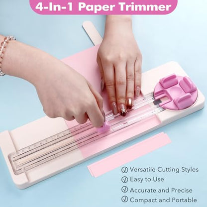 4-in-1 Paper Trimmer, 4Style Multi-Function Scrapbooking Tool with Dial Blades of Straight, Wave, Dotted, Perforated, Creasing, 9" Craft Paper Cutter for Cutting Carstock,Coupons,Photos,Scrapbook Card - color: Pink