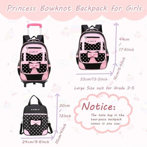 Girls Rolling Backpack Cute Bowknot Kids Schoolbag with Wheels Trolly BookBag for School-2 Wheels - color: A27#black-2 Wheels, size: 2 Wheels