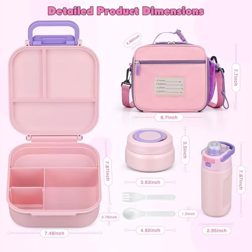 Bento Lunch Box for Kids with 7oz Soup Thermo,Insulated Stainless Steel Kids Water Bottle with Straw and Insulated Lunch Bag,Leak-Proof Lunch Food Container with Ice Pack for School(Pink) - color: Pink
