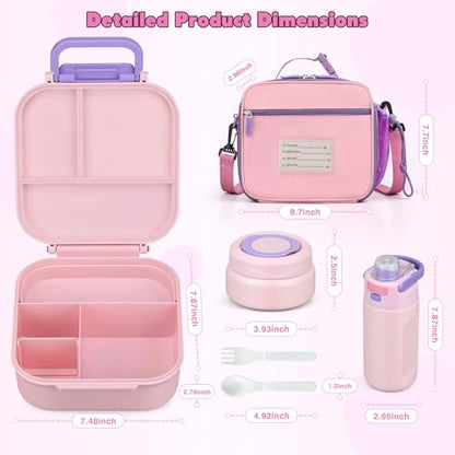 Bento Lunch Box for Kids with 7oz Soup Thermo,Insulated Stainless Steel Kids Water Bottle with Straw and Insulated Lunch Bag,Leak-Proof Lunch Food Container with Ice Pack for School(Pink) - color: Pink