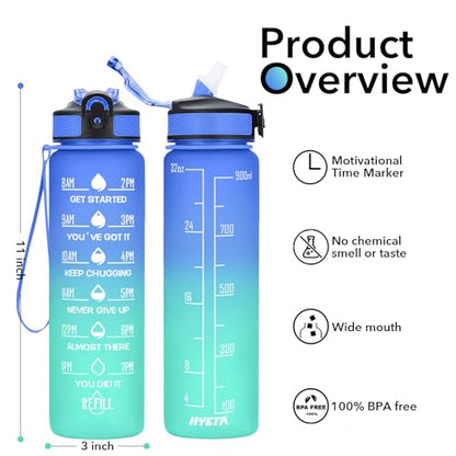 Hyeta Water Bottle with Straw & Time Marker, Plastic 32oz Leakproof | Motivational Tritan BPA Free Gym Office Outdoor Intake Tracker Hourly Reminder Straw Lid Carry Strap - color: Sea Level
