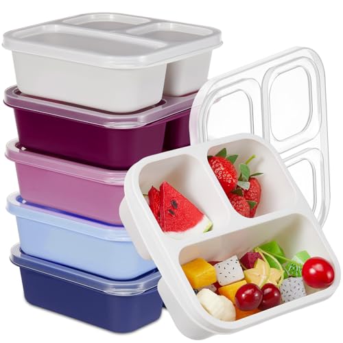 Honeydak 5 Pack Snack Containers 3 Compartment Bento Snack Boxes Divided Meal Prep Containers with Lids Reusable Adults Lunch Food Storage Box for School Work Travel(Elderberry) - color: Elderberry