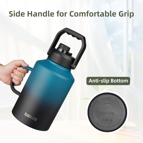 BJPKPK 1 Gallon Water Bottle with Handle, Large Dishwasher Safe 128oz Insulated Water Bottle, BPA Free Water Jug, Wide Mouth Metal Flasks with Anti-slip Bottom, Keep Cold & Hot,Sky - color: Sky, style: 128oz-Side Handle