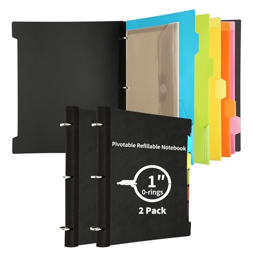 2 Pcs Pivotable Refillable Notebook, 3 Ring Binder Notebooks 1 Inch, Notebook with Dividers and Pockets, Folder Notebook, Flexible Binder, Soft Binders 3 Ring, Foldable Binder- Black - color: 2 Pcs Black