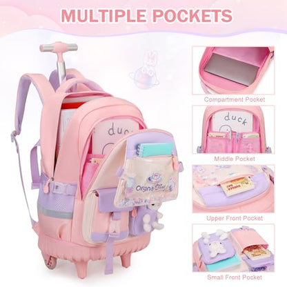 FIXITOK Rolling Backpack for Girls, Kawaii Bunny Roller Wheels School Backpacks with Lunch Bag Pencil case, Wheeled Suitcase Bookbag for Elementary Travel Pink - color: Pink