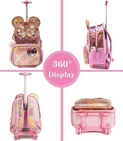 Meetbelify Rolling Backpack for Girls School Backpack with Lunch Box for Elementary Student Wheels Roller Trolley Luggage - color: 05 3pcs Rolling Backpack