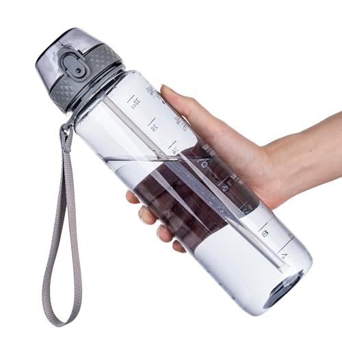 GOPPUS 32 oz Clear Water Bottle with Straw, BPA Free Tritan Water Bottle, Leakproof Clear Motivational Water Bottle, Wide Mouth Sports Water Bottle for Gym, Hiking, School, Office - color: C-Grey