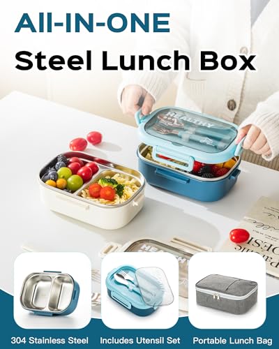 Lille Home 28oz Stainless Steel Leakproof 2-Compartment Bento Lunch Box/Portion Control Food Container with Lunch Bag and Cutlery Set, BPA Free (Light Blue) - color: Light Blue
