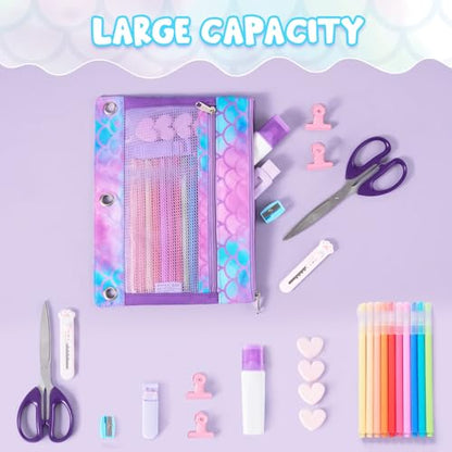 WAWSAM Mermaid Pencil Pouch for 3 Ring Binder, Binder Pencil Pouches for Girls with Zipper, Pencil Case with Clear Window, Cosmetic Bags for Office School College Supplies - color: Mermaid