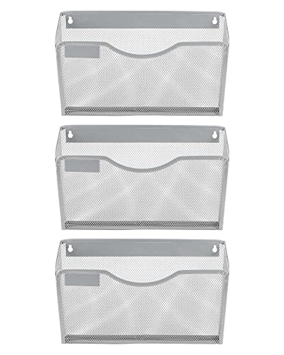 EasyPAG 3 Pack Wall File Organizer with Label Panel, Metal Mesh Hanging File Folder Holder for Letter/A4 Size Folders, Vertical Wall Mount Mail Sorter for Office Paperwork, Classroom, Silver - color: Silver with Panel