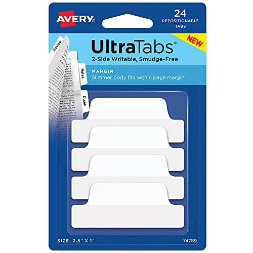 Avery Margin Ultra Tabs, 2.5" x 1", 2-Side Writable, White, 24 Repositionable Page Tabs (74789) - size: 24 Count (Pack of 1)