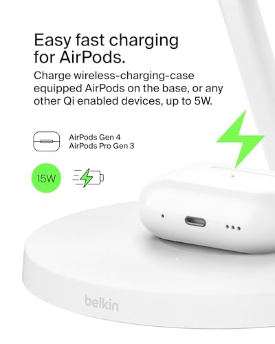Belkin MagSafe-Compatible iPhone Charger, 3-in-1 Wireless Charging Station, Qi2-Certified 15W Wireless Charge for Apple iPhone 17 Series, Apple Watch, AirPods w/Non-Slip Base, 40W Included - White - color: White, style: Matte Finish
