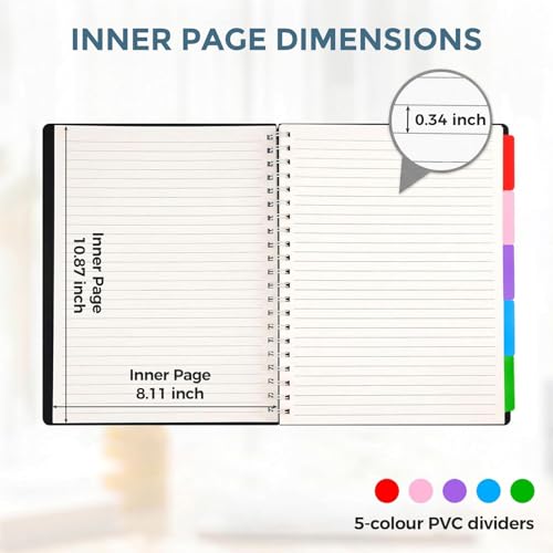 Subject Notebook Wide Ruled, 8.5x11inch Hardcover 5 Subject Lined Spiral Notebook with Dividers Tabs for School Note Taking Office Journal, 220 Pages, Black - color: Black