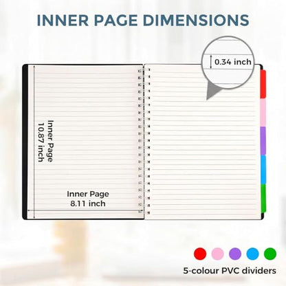 Subject Notebook Wide Ruled, 8.5x11inch Hardcover 5 Subject Lined Spiral Notebook with Dividers Tabs for School Note Taking Office Journal, 220 Pages, Black - color: Black