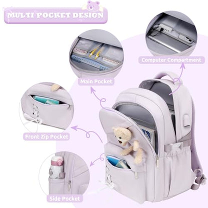 ACESAK Backpack for Girls with Bento Box - 4 PCS Cute Girls Backpack with Lunch Box, Pencil Case & Bento Box Set - 43oz Leakproof Lunch Box Kids Snack Containers Set Back to School Supplies (Purple) - color: Purple