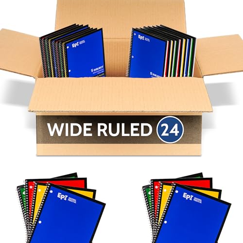 EPI Spiral Notebook | 5 Subject - Wide Ruled - 180 Sheets, Durable Spiral Binding | 10.5 x 8 in | Classroom Supplies | School, Office, Note Taking, Journaling - 24 Pack - size: Pack of 24, style: 5 Subject - Wide Ruled