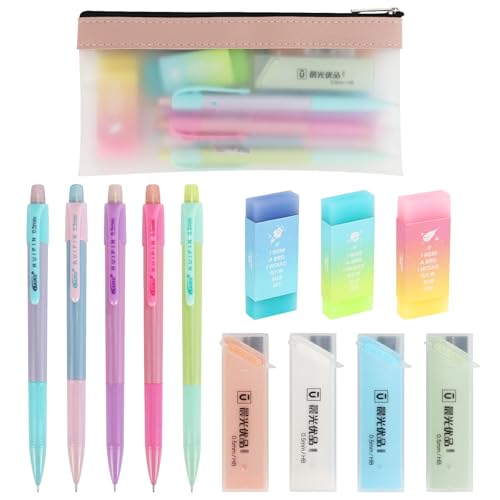 Buqoo Mechanical Pencil Set, 5PCS 0.5mm Cute Pastel Mechanical Pencils, 3 Candy Jelly Gradient Eraser with 80PCS HB 0.5 Lead Refill and Zipper Bag Pencil Kit for Art, Drawing Pencils for Sketching - color: Rainbow