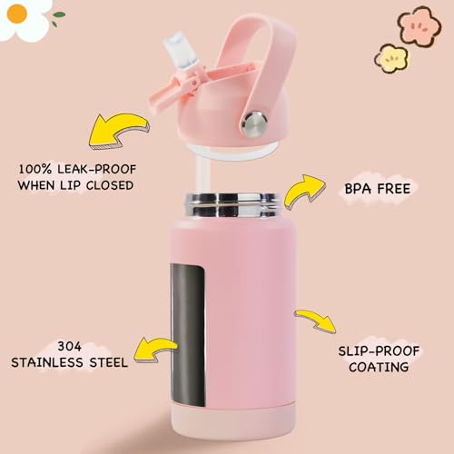 Kerilyn 12oz Kids Water Bottle 2 Pack, Stainless Steel Insulated Water Bottle Bulk, Toddler Cups with Straws Leak-Proof, Kids Water Bottles for School Boys Girls, BPA Free, Pink+Green 2 Piece Set - color: A. Pink+Green
