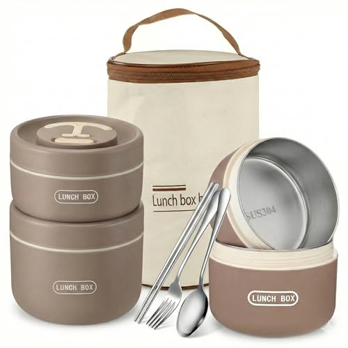 3 Pcs Insulated Lunch Box Set (47oz Total), Stackable Stainless Steel Thermal Food Container with Bag, Portable Bento Box for Hot Food, Leakproof Design with Knife, Fork & Spoon