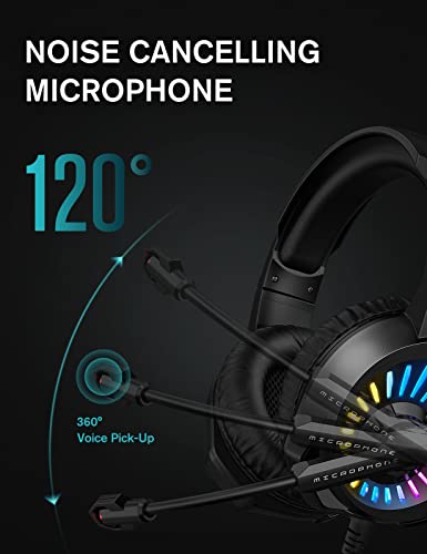 ZIUMIER Gaming Headset with Microphone, Compatible with PS4 PS5 Xbox One PC Laptop, Over-Ear Headphones with LED RGB Light, Noise Canceling Mic, 7.1 Stereo Surround Sound - color: Black