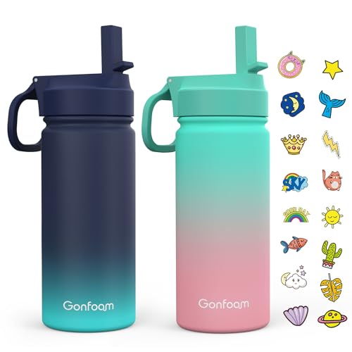 Gonfoam 16oz Kids Stainless Steel Insulated Water Bottle, 2 Pack | DIY Stickers, BPA-free, Leak-proof, Sturdy, Keeps Cold 24h, Easy to Carry, Easy to Clean, Back to School, Gifts - color: Blue+Green, size: 16 Ounces