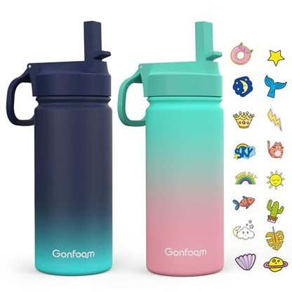 Gonfoam 16oz Kids Stainless Steel Insulated Water Bottle, 2 Pack | DIY Stickers, BPA-free, Leak-proof, Sturdy, Keeps Cold 24h, Easy to Carry, Easy to Clean, Back to School, Gifts - color: Blue+Green, size: 16 Ounces