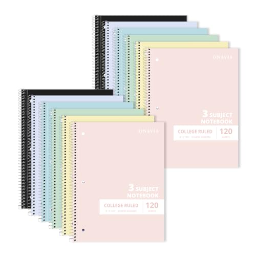 ONAVIA 3 Subject Spiral Notebook College Ruled Bulk, 240 Pages, Assorted | 120 Sheets, 8 x 10.5 in, 12 Pack School Notebooks, Dividers, Double-Sided Pockets, Students, Classroom - color: Assorted Colors