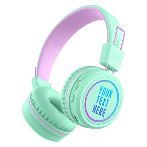 MEE audio KidJamz KJ55BT Personalized Bluetooth Wireless Safe Listening Headphones for Kids w/Custom LED-Backlit Design, Volume Limiter, Microphone; Kids Headset for School/iPhone/iPad/Tablet (Mint) - color: Mint, style: Customized