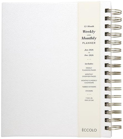 WORLD TRAVELER 2026 Planner Weekly & Monthly Hardcover Spiral Agenda | Hardcover Spiral Lay-Flat Binding, Weekly and Monthly Planning Pages, January to December 2026, 7x8.75 Compact Format - color: White/Can happen