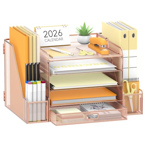 Desk Organizer with File Holder 5 Tier Paper Trays and Drawer Rose Gold | Rose gold 5 tier mesh organizer with file holder and drawer for sorting papers, folders, notebooks, mail and office supplies