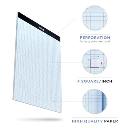 Alitte Graph Paper Pad, Pack of 12, White Letter Size - 4x4 Quad Grid Paper, Easy-Tear Perforations, 8.5 x 11 Cardboard Backing - Graph Notepads for School, Office -50 Sheets per Pad - size: 4x4 sq/in 12 Pack