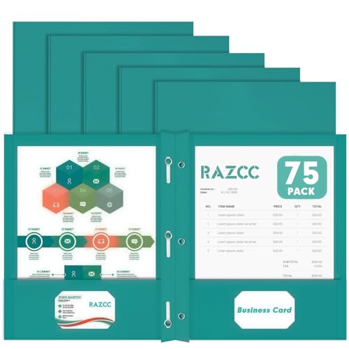 Two Pocket Folders, RAZCC 75 Pack Two Pocket Folders with Prongs, 3 Prong Folders Fit Letter Size Paper, Pocket File Folders for School Office Home Business, Turquoise - color: Turquoise
