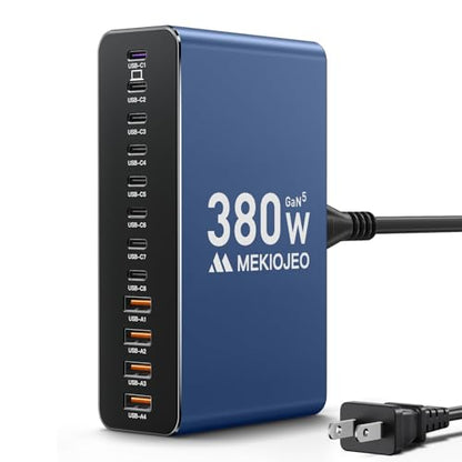 12 Ports Aluminum Alloy 380W Charging Station Fast USB C Charger Block | 65W Laptop GaN Charger for MacBook Pro/Air/iPad Pro/iPhone (Blue) - color: Blue