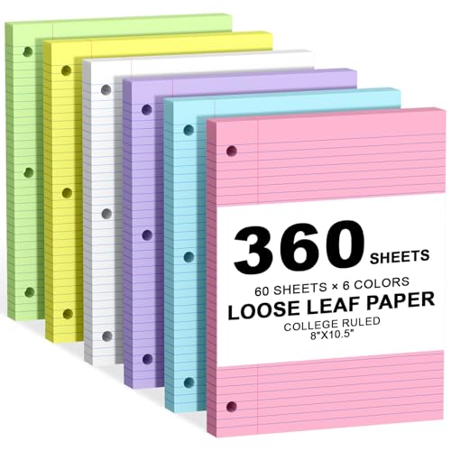 360 Sheets Loose Leaf Paper, 8x10.5 College Ruled, Notebook Paper for 3 Ring Binders, Colored Notebook, 3 Hole Punch Paper, 60 Sheets/Color - color: Colored-360 Sheets, size: 8x10.5 College Ruled