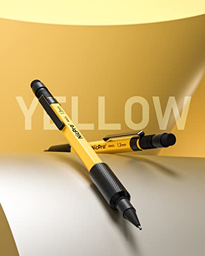 Nicpro 3 PCS 1.3 mm Mechanical Pencil Set with 48 Lead Refills, 3 Eraser - Weatherproof Metal Barrel, Heavy Duty Carpenter Pencil MP2000 for Outdoor Marking Drafting Drawing Woodworking - with Case - style: 3 Pack (Yellow)