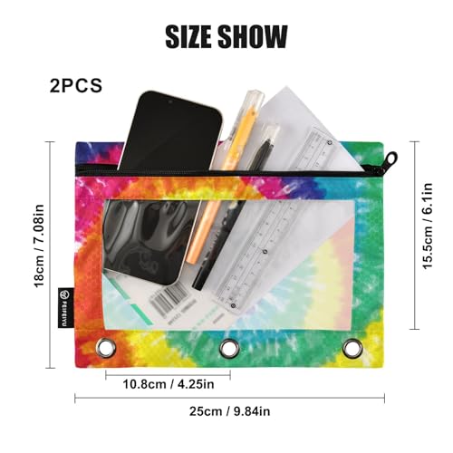 2 Pack 3 Ring Binder Pencil Pouch Tie Dye Pencil Case Pencil Bags with Zipper, Clear PVC Binder Pockets for Office Daily Supplies - color: Color 16