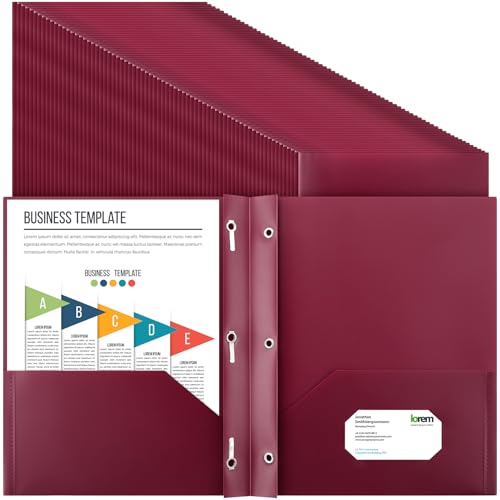 Cholemy 72 Packs Pocket Folders with Prongs Heavy Duty Plastic Folder with Business Card Slot 3 Prong Fasteners for School Office (Burgundy) - color: Burgundy