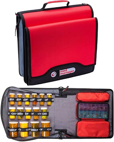 Med Manager Medicine Organizer and Binder, Removable Pouches, Detachable 5-Tab Expanding File Folder, Holds (15) Pill Bottles - (11) Standard Size and (4) Large Bottles, Red, 13 x 13 x 4.5 inches - color: Red