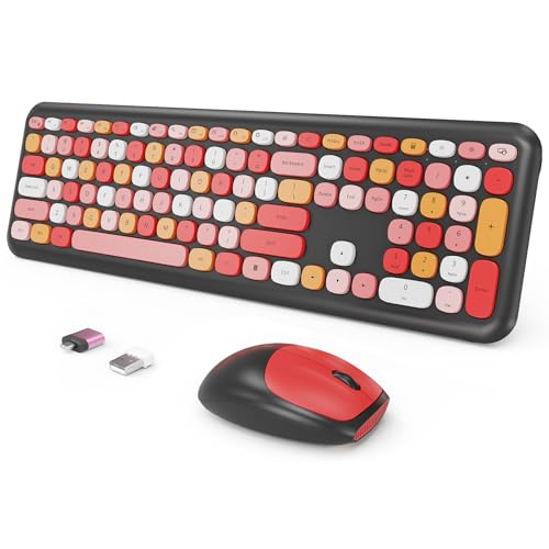 Wireless Keyboard and Mouse Combo, Colorful Ergonomic Full Size Retro Low-Noise Keyboard with Cute keycaps, Compatible with Windows, PC, Perfer for Home and Office Keyboards (Black) - color: Black Red
