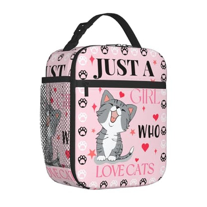 Cute Cat Pink Lunch Bag Large Capacity Heat Insulated Lunch Box, Just A Girl Who Loves Cats Leakproof Durable Portable Reusable Handbags Thermal Cooler Tote Bag for School - color: Cute Cat