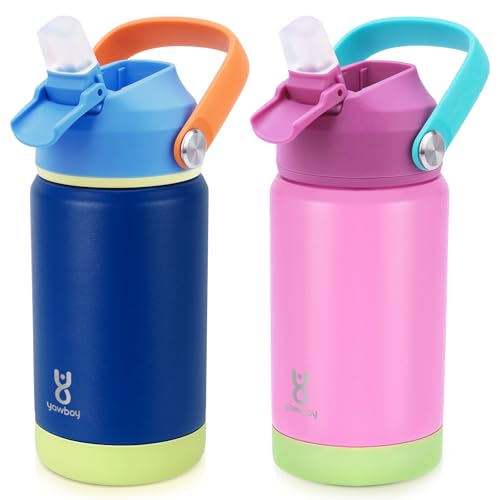 2-Pack Kids Water Bottle for School 12 oz,Stainless Steel Insulated Water Bottles,Pink Water Bottles for Toddler Girls Boys with Straw Lids & Handle - color: Dark Blue+Pink, size: 12 Ounces