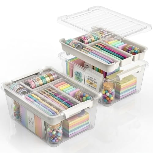 8-Quart Clear Plastic Storage Box with Removable Tray 2-Pack Craft Bins Organizers Containers