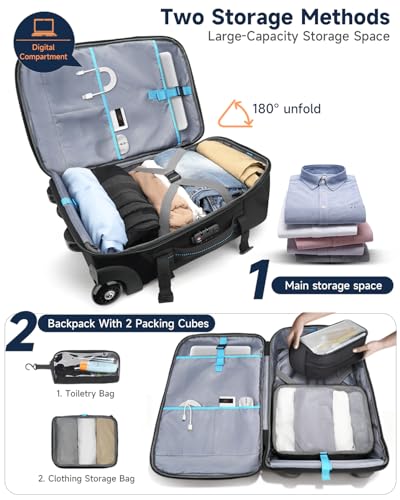 Rolling Laptop Backpack, Carry on Backpack with Wheels, Water Resistant Carry on Suitcase with 2 Packing Cubes, TSA Large Travel Wheeled Backpack for Men to Airline Work Business, Black - color: Black-518