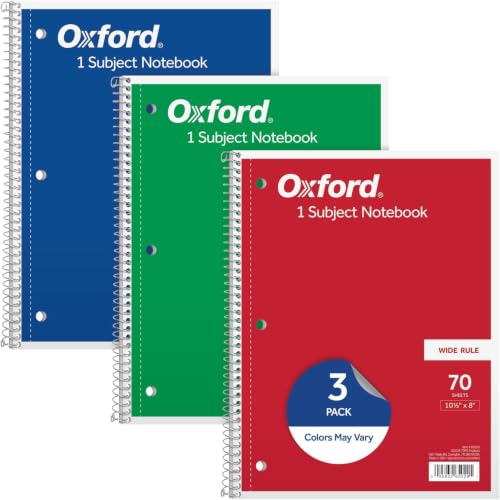 Oxford 1-Subject Notebooks, School Journal, 8 x 10-1/2 Inch, Wide Rule Paper, 70 Sheets, 3-Hole Punch, 3 Count, Red, Blue, Green, Color Assortment May Vary (65029) (Pack of 8) - size: 10.5" x 8" x 10.5" (Pack of 8)