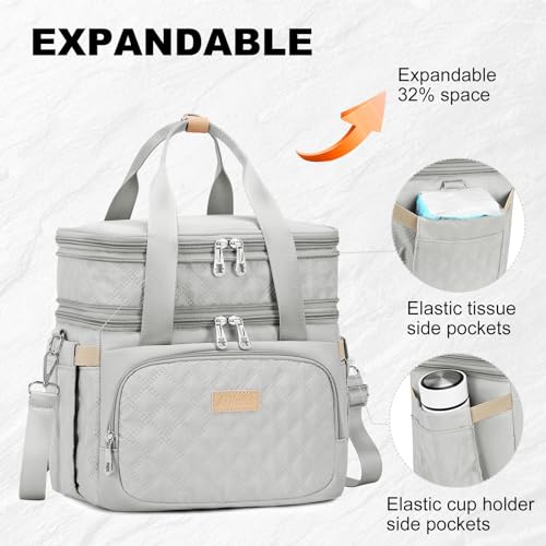 AIJIEKE Lunch Bag for Women, Insulated Double Deck Work Lunch Box, Gray | Durable, leakproof thermal cooler tote. Double compartment, expandable pockets, strap. For travel meal prep, beach, picnic - color: Gray
