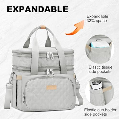 AIJIEKE Lunch Bag for Women, Insulated Double Deck Work Lunch Box, Gray | Durable, leakproof thermal cooler tote. Double compartment, expandable pockets, strap. For travel meal prep, beach, picnic - color: Gray