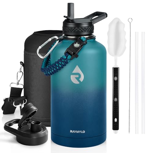 RAYMYLO Insulated Water Bottle 64 oz, Triple Wall Vacuum Stainless Steel (Cold for 48 Hrs), Leak Proof & Non-BPA, Half Gallon Water Flask Jug with Paracord Handle & Straw Spout Lids, Cyan Blue - color: Cyan Blue, size: 64 Ounces